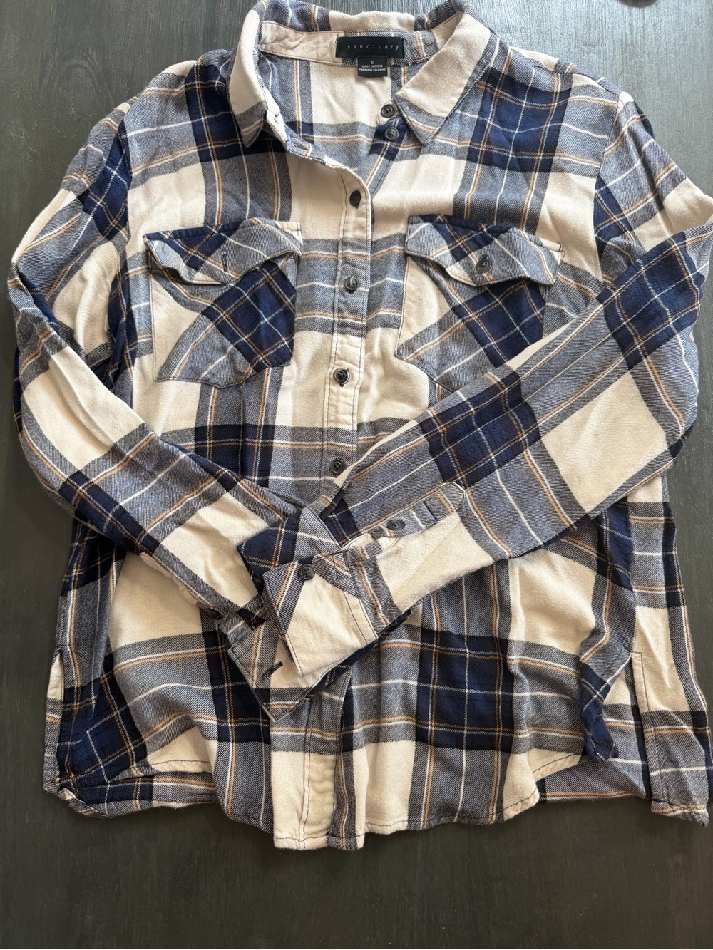 Sanctuary Plaid Button Front Shirt Size Small Blue Cream Long Sleeve Flannel